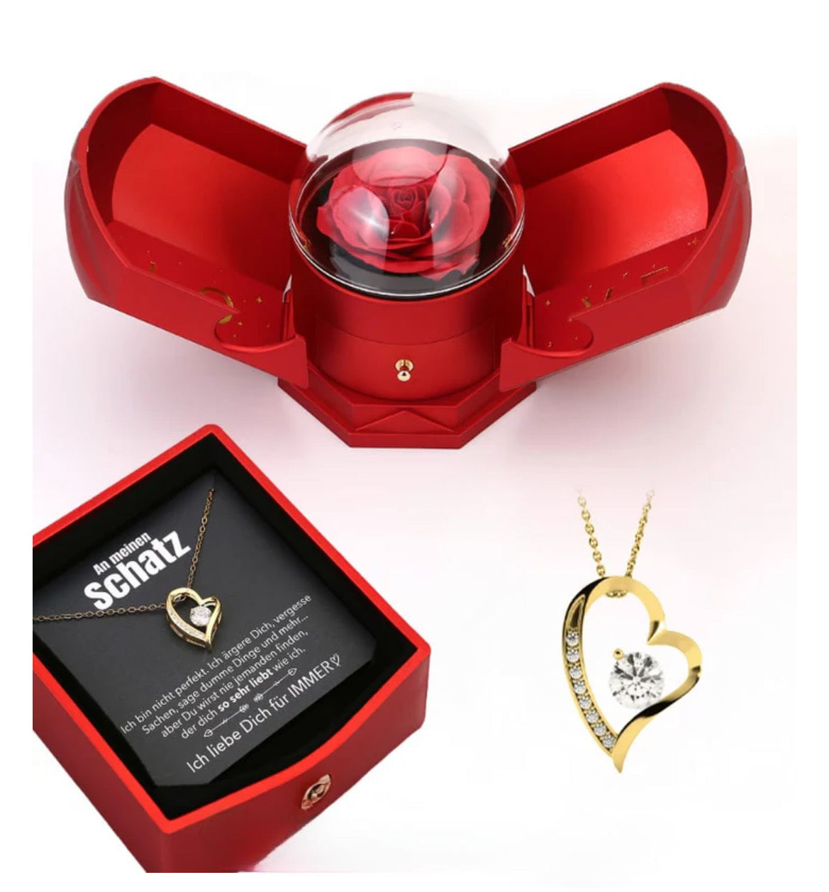 Ewige Rosenbox - Mit Herz Halskette & romantischer Notiz - An meinen Schatz