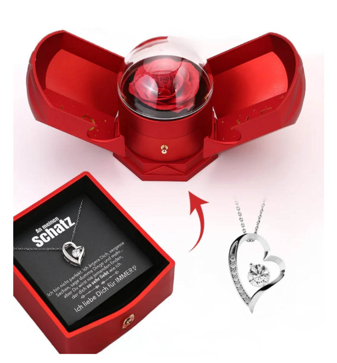 Ewige Rosenbox - Mit Herz Halskette & romantischer Notiz - An meinen Schatz